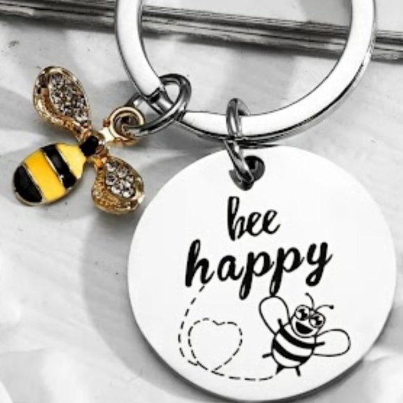 Bee Happy Inspirational Keychain Stainless Steel Measures approx 1" x 2.2" - Picture 3 of 5